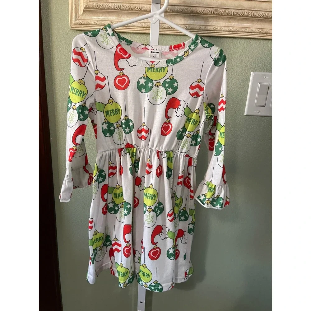 Girl's Festive Christmas Green Fluffy Vest Ornaments White Dress Size 4Y Used